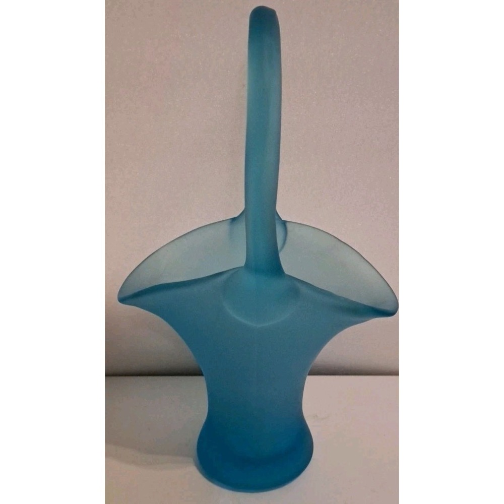 Tiffin Blue Satin Glass Handled Brides  Basket 11" Tall Excellent